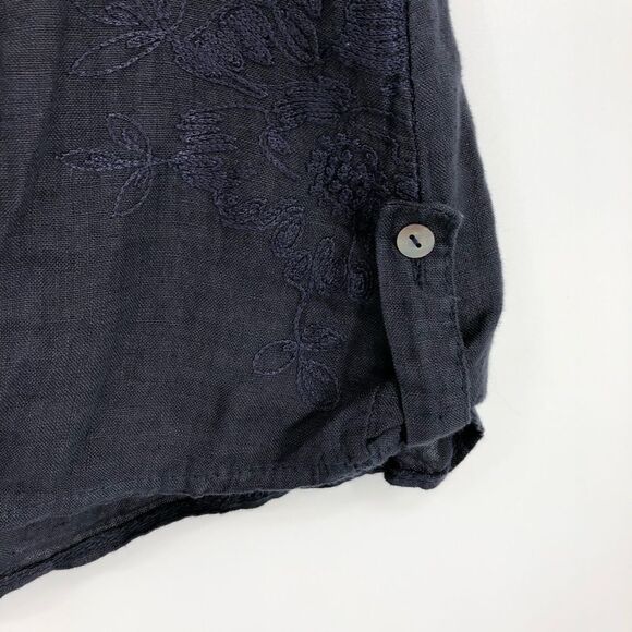 Lina Tomei Embroidered Top Womens Large Blue 100% Linen Floral Roll Tab Sleeves - Picture 7 of 13